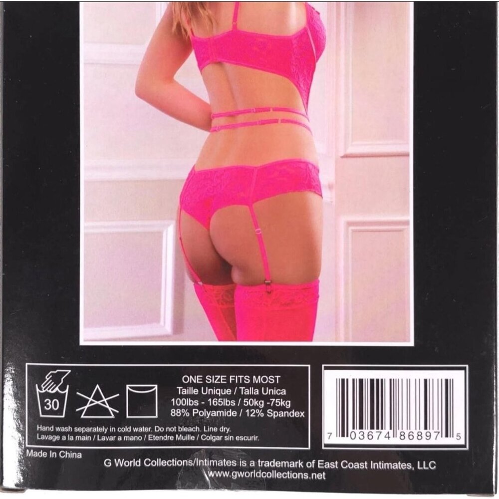 G World Glossy Pink Teddy Lingerie Set Lace Strappy Garter & Stockings OH2420 - Picture 5 of 6